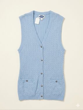Vintage Tabi Baby Blue 100% Merino Wool Cable Knit Button Front Vest - XS